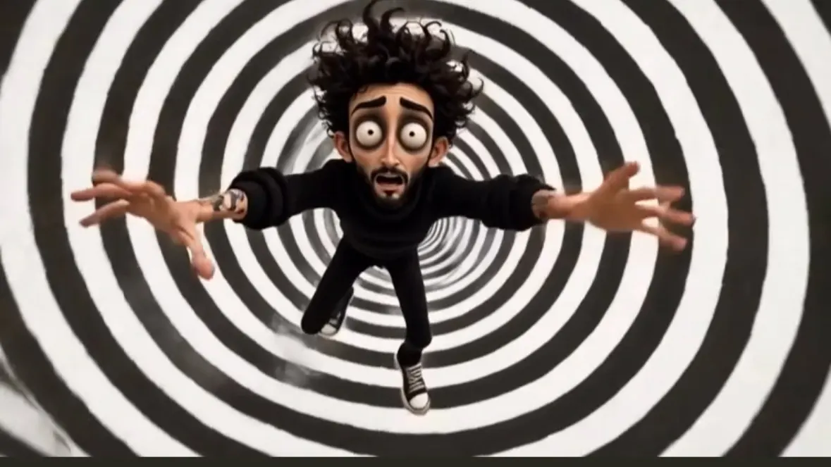 Le personnage au col roulé chute dans une spirale