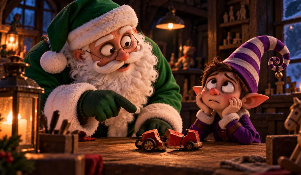 Le Père Noël vert et le lutin devant le camion cassé